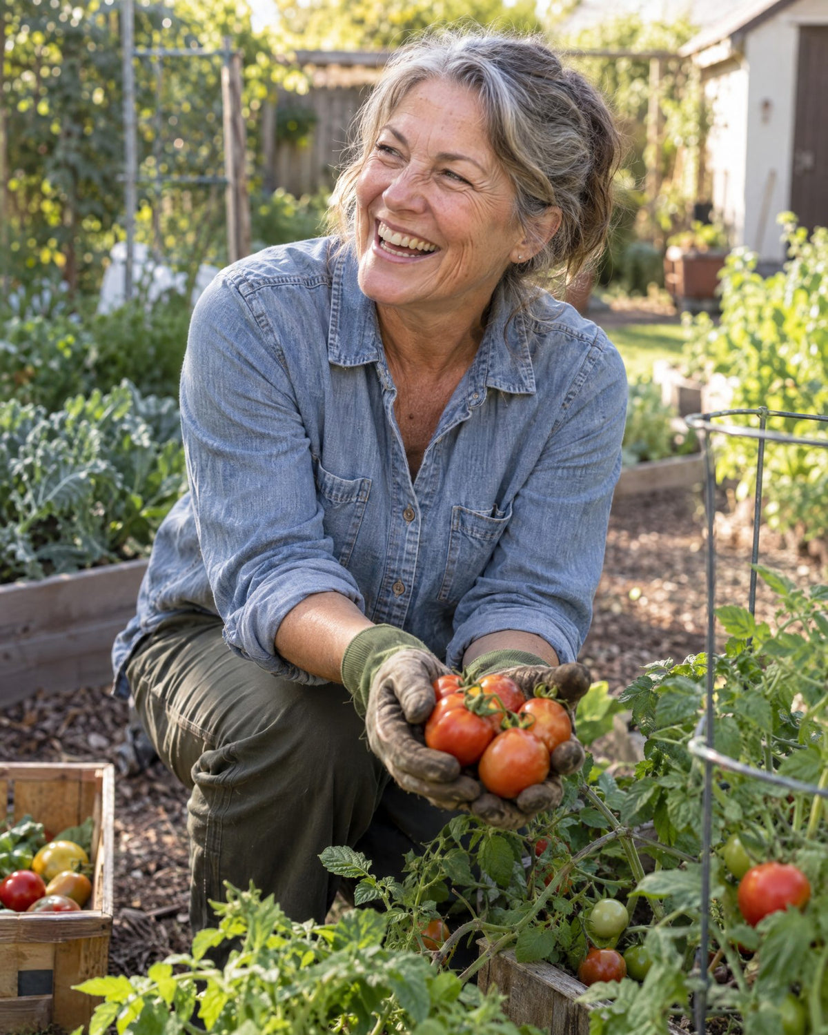 A woman in her late fifties laughing in her vegetable garden