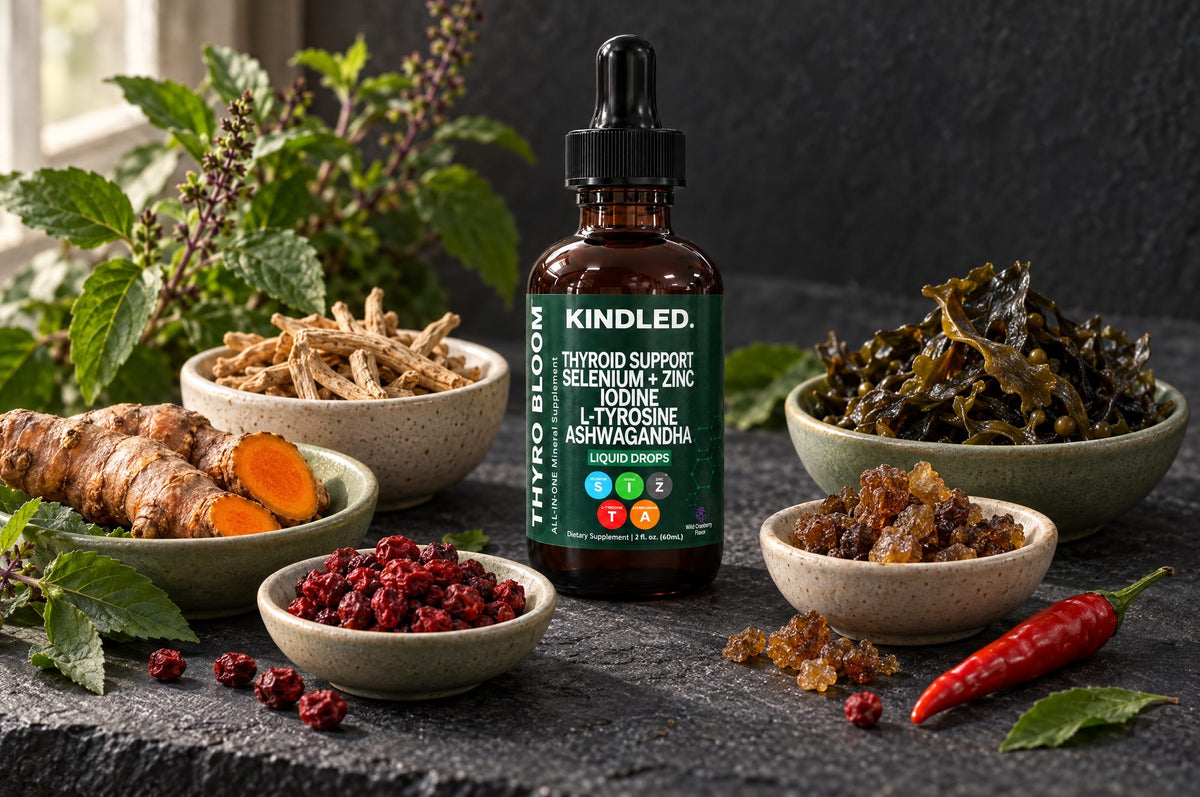 Kindled bottle surrounded by its botanicals