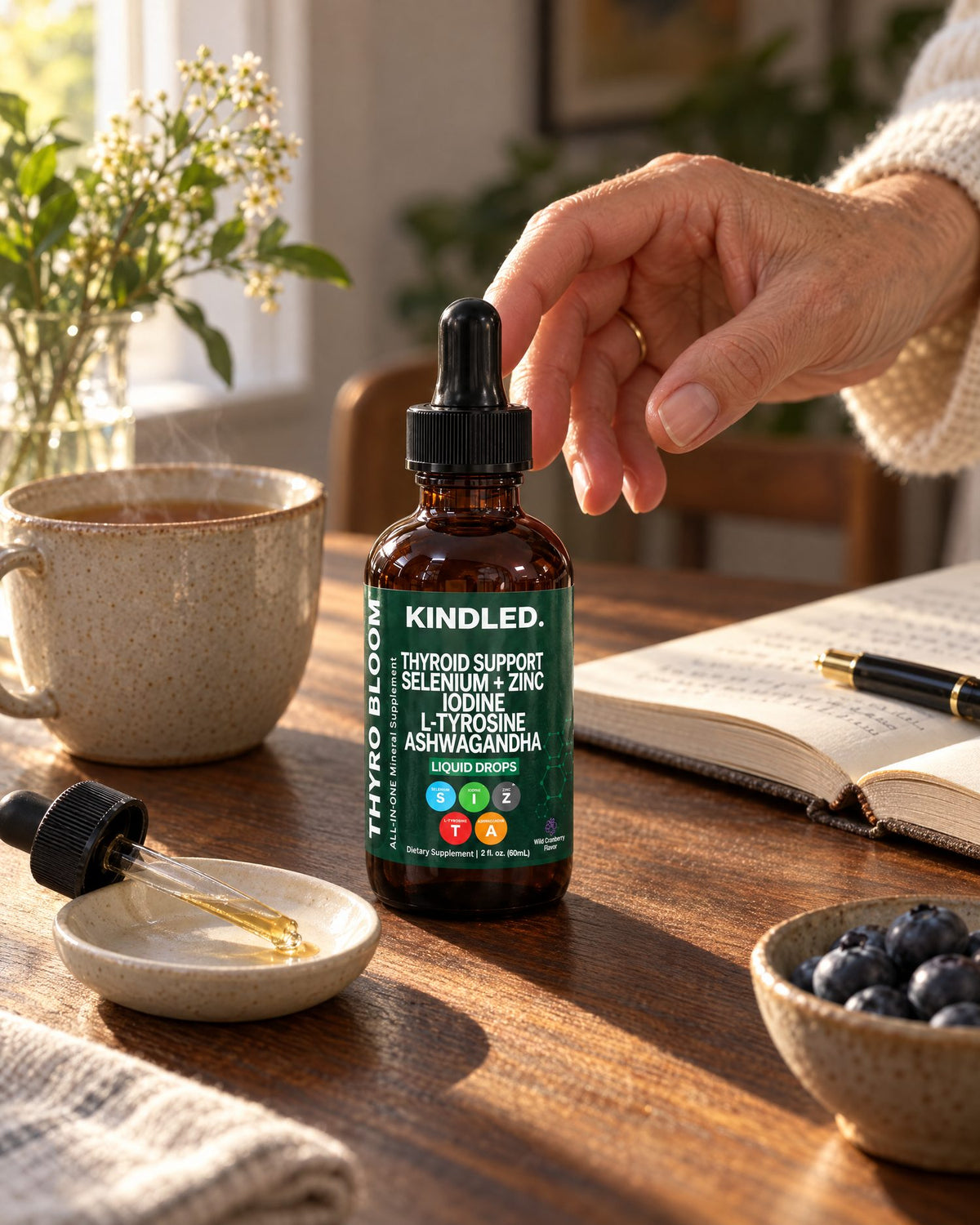 A woman reaching for her bottle of Kindled drops beside her morning coffee